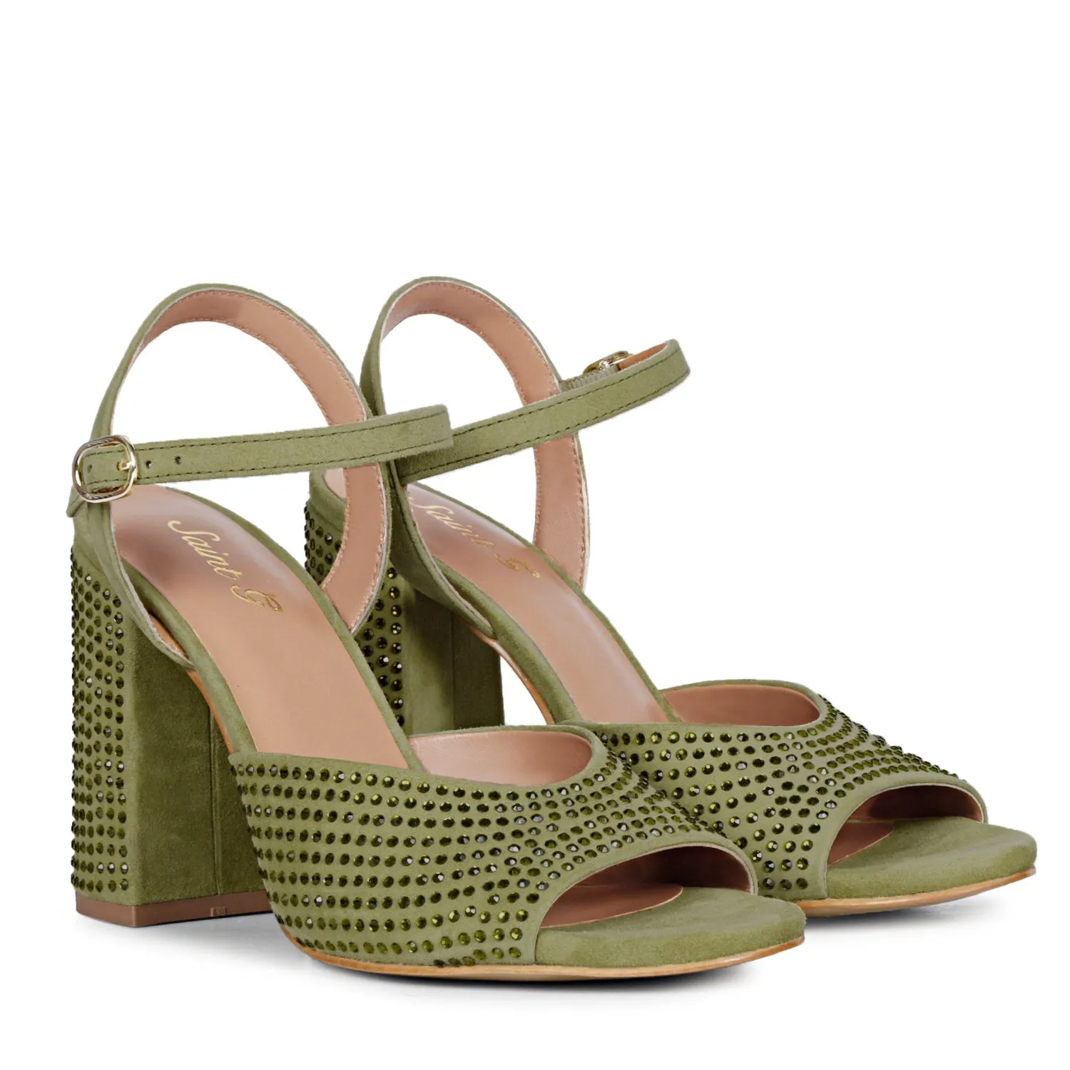 Saint Amaya Crystal Studs Safari Leather Block Heels