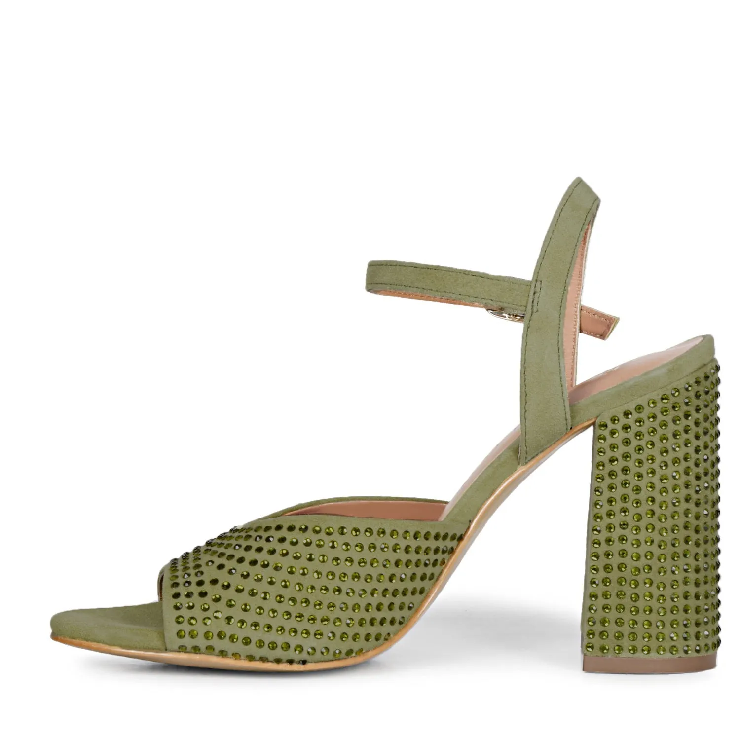 Saint Amaya Crystal Studs Safari Leather Block Heels