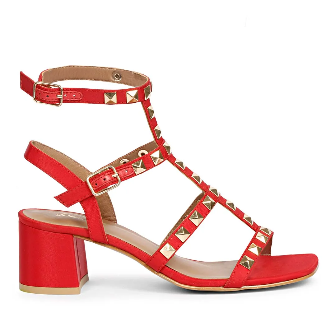 Saint Angela Gold Metal Studs Red Block Heels