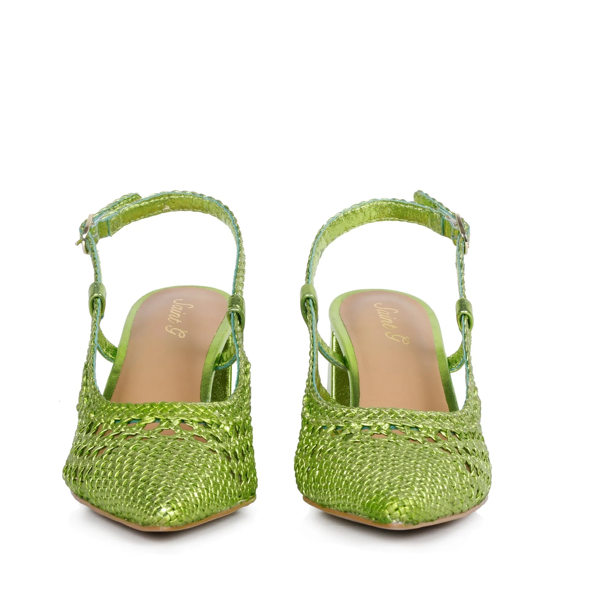 Saint Fabienne Green Metallic Hand Woven Leather Block Heels