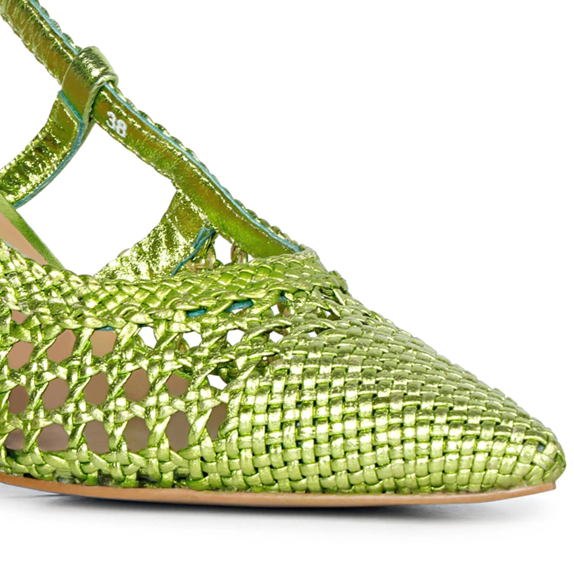 Saint Fabienne Green Metallic Hand Woven Leather Block Heels