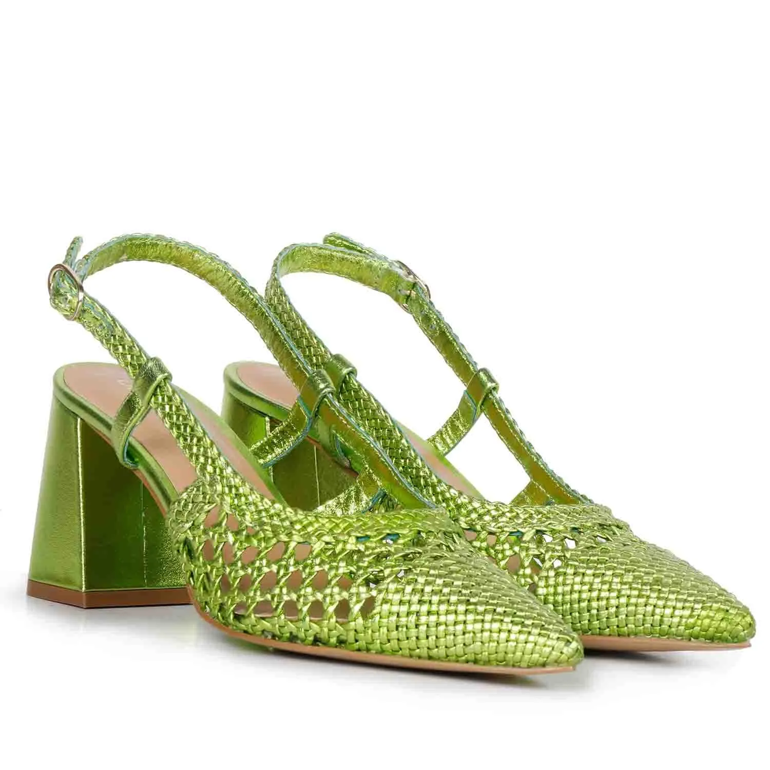 Saint Fabienne Green Metallic Hand Woven Leather Block Heels