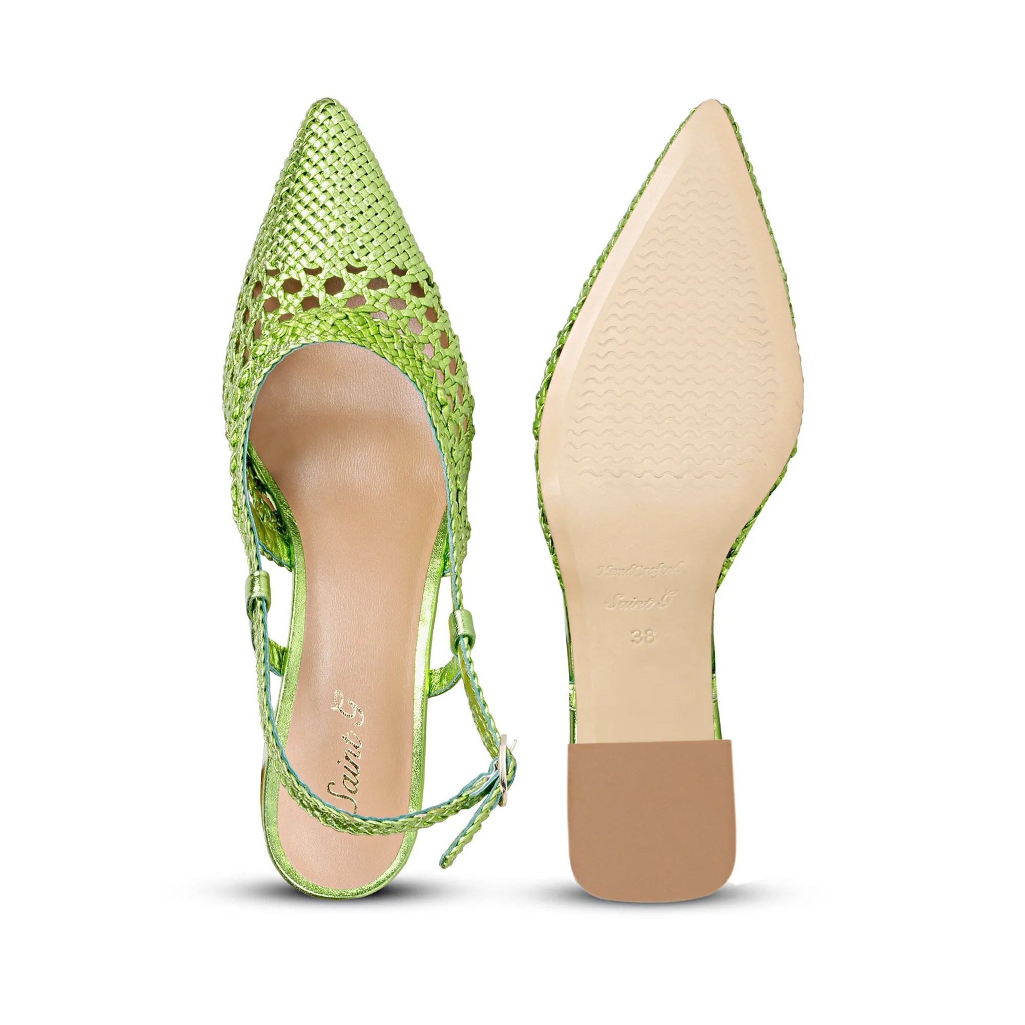 Saint Fabienne Green Metallic Hand Woven Leather Block Heels