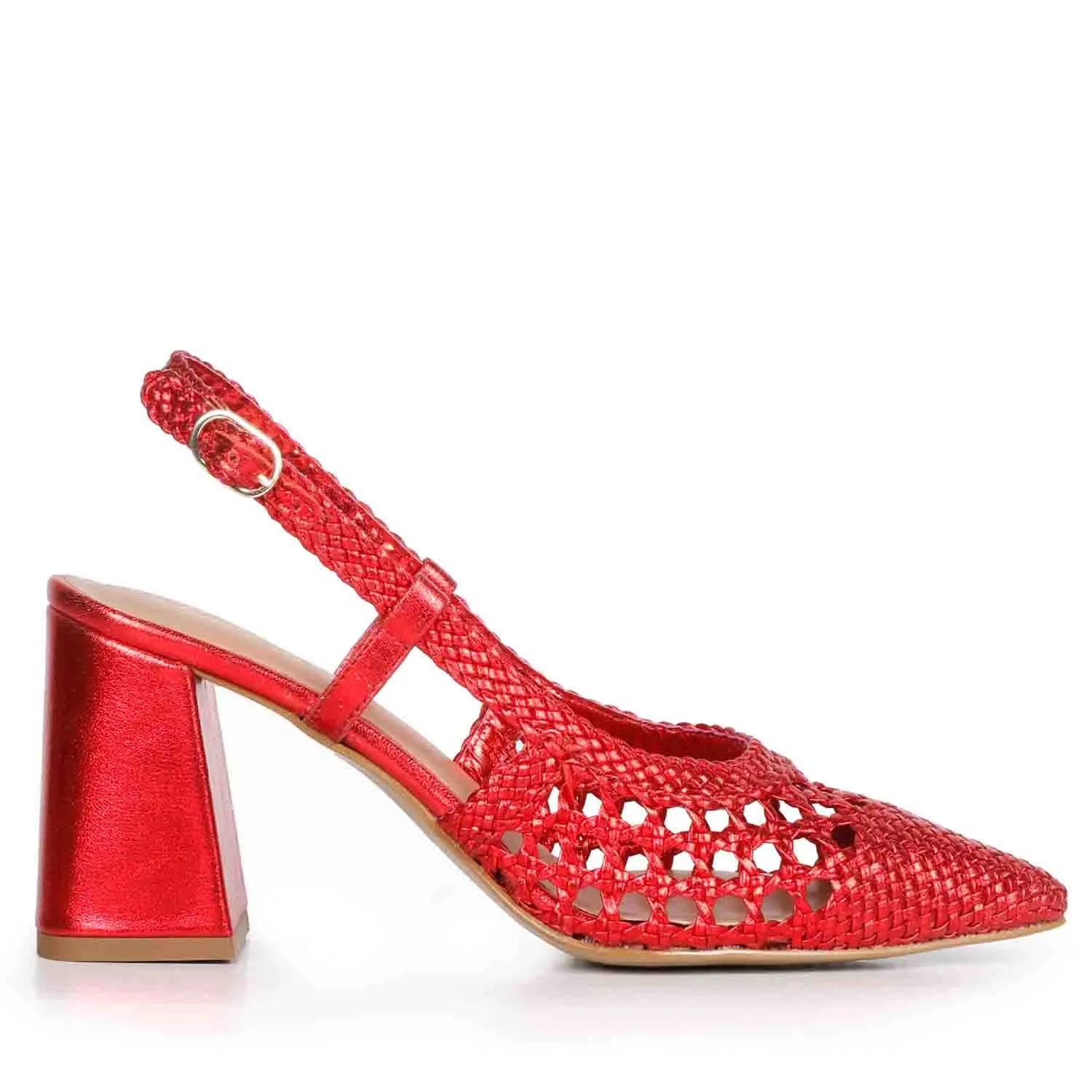 Saint Fabienne Red Metallic Hand Woven Leather Block Heels