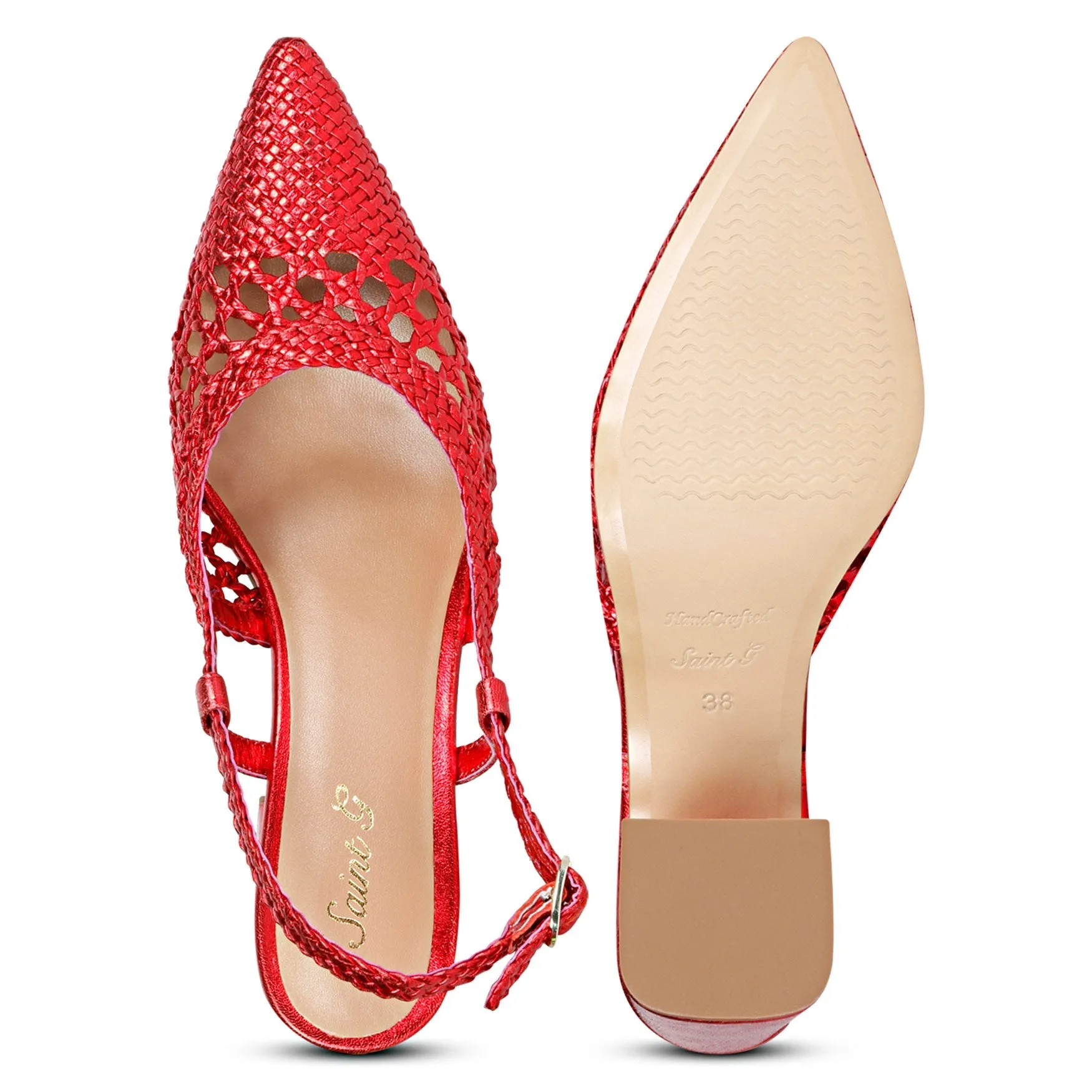 Saint Fabienne Red Metallic Hand Woven Leather Block Heels