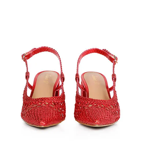 Saint Fabienne Red Metallic Hand Woven Leather Block Heels