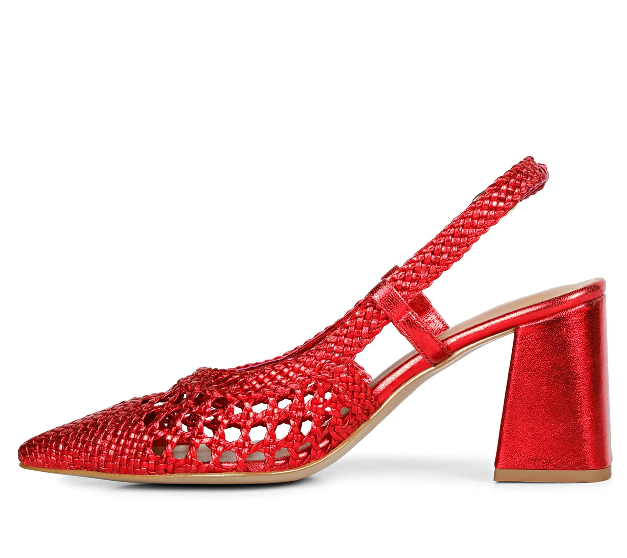 Saint Fabienne Red Metallic Hand Woven Leather Block Heels