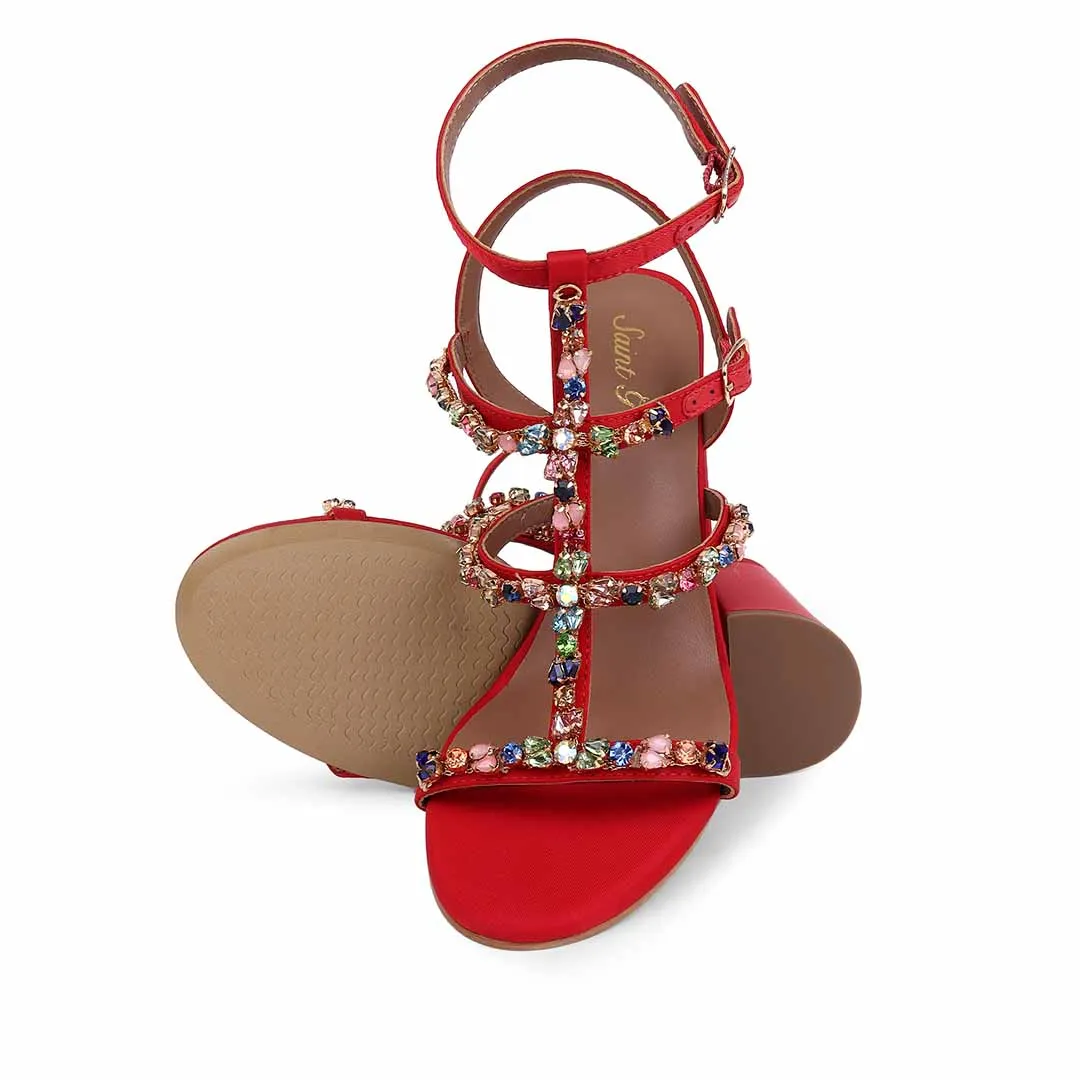 Saint Gretel Multi Stone Embellished Red Cage Block Heels