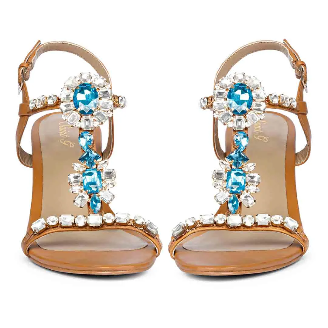 Saint Lucia Blue Stone Embellished Cuoio Leather Block Heels