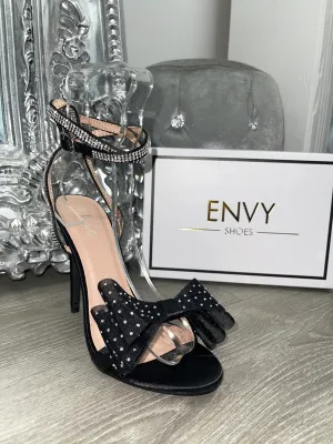 SERENDIPITY BLACK SATIN DIAMANTE LACE UP BOW HEELS