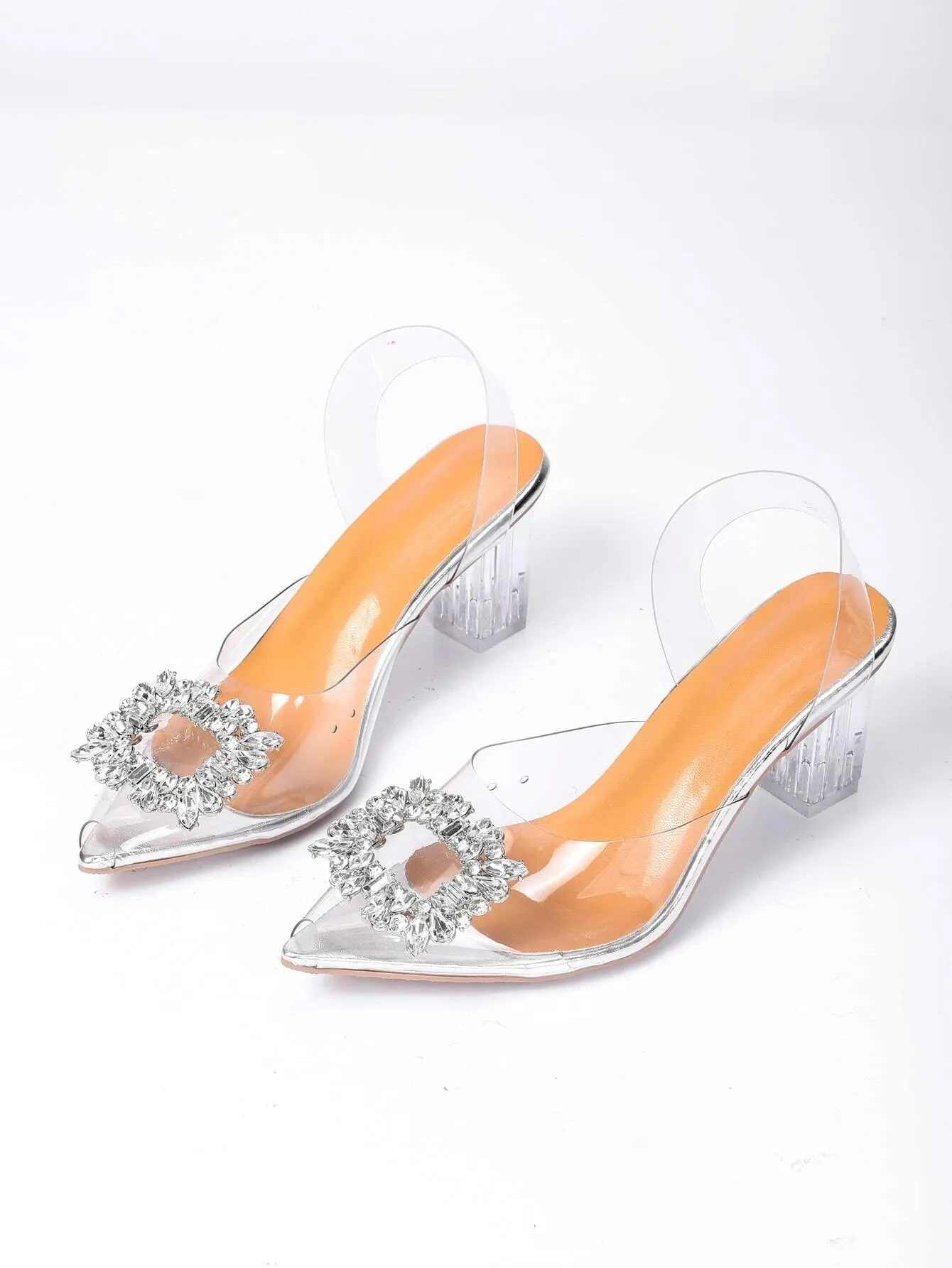 SHEIN Rhinestone Decor Peep Toe Clear Band Chunky Heeled Slingback Pumps