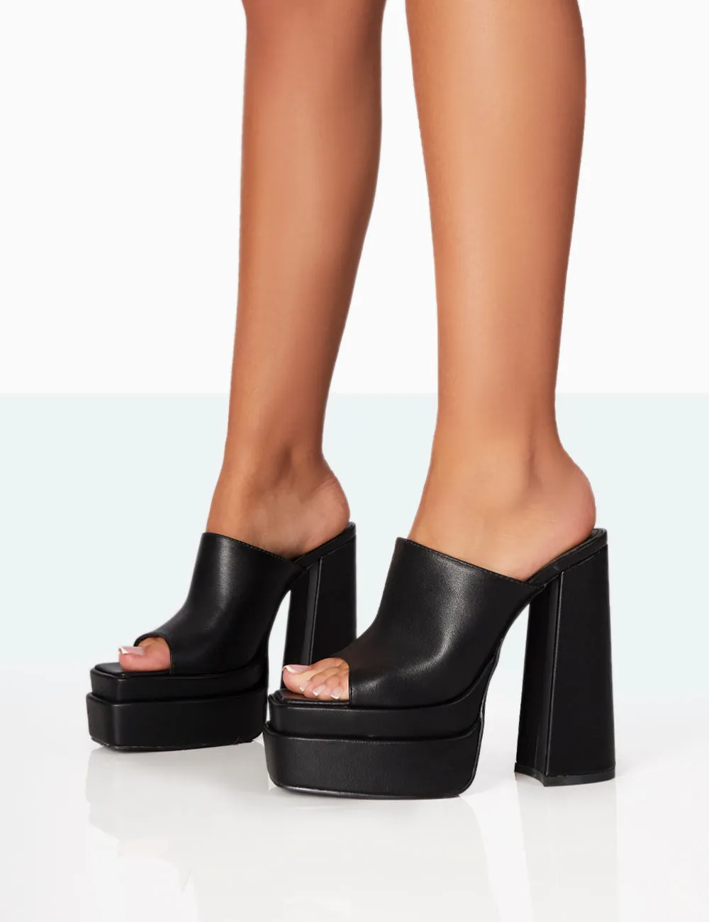 Skyhigh Black Grain PU Chunky Platform High Heeled Mules