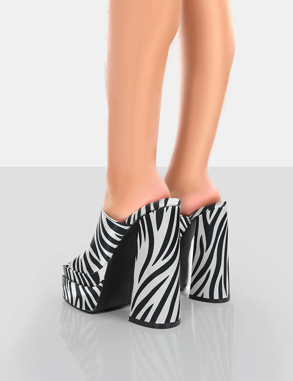 Skyhigh Zebra Satin Chunky Platform High Heeled Mules