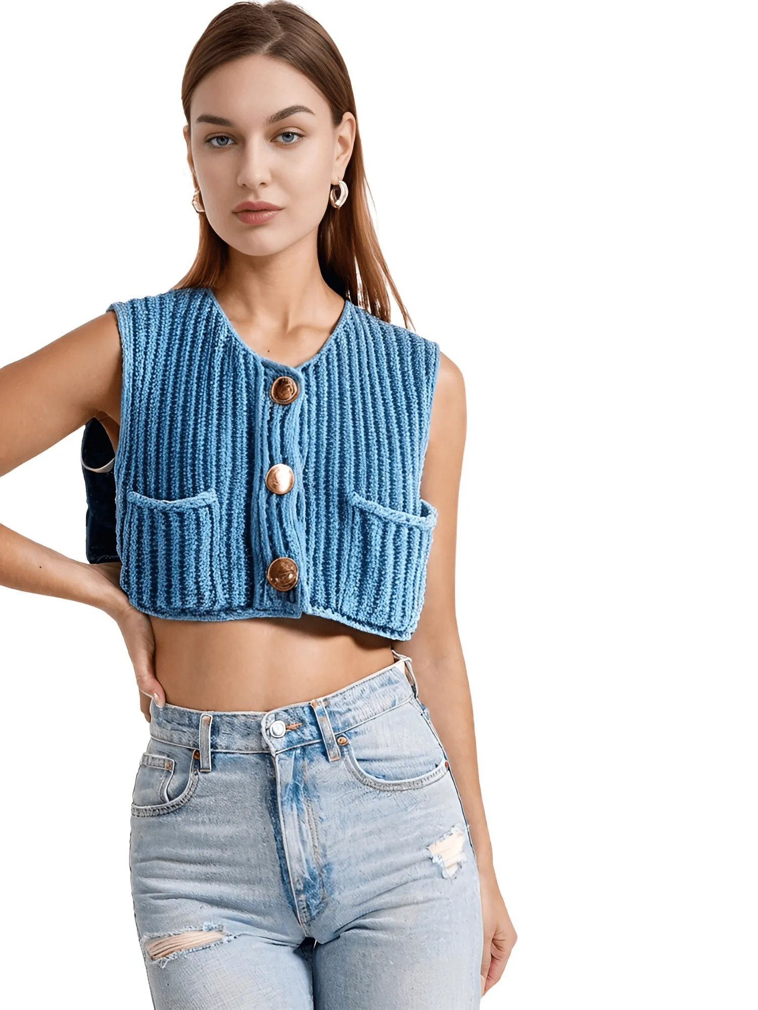 Sleeveless Crop Sweater Vest Solid Loose Casual Sweater Vest Cable Knit Sweater Vest For Women