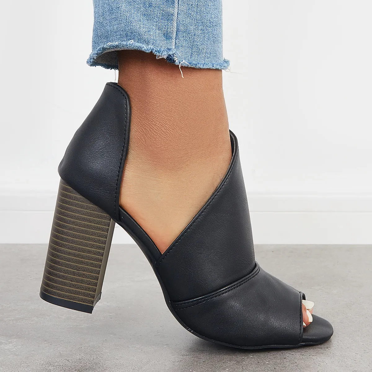 Sohiwoo Black Cut Out Peep Toe Pumps Chunky Block Heel Ankle Boots