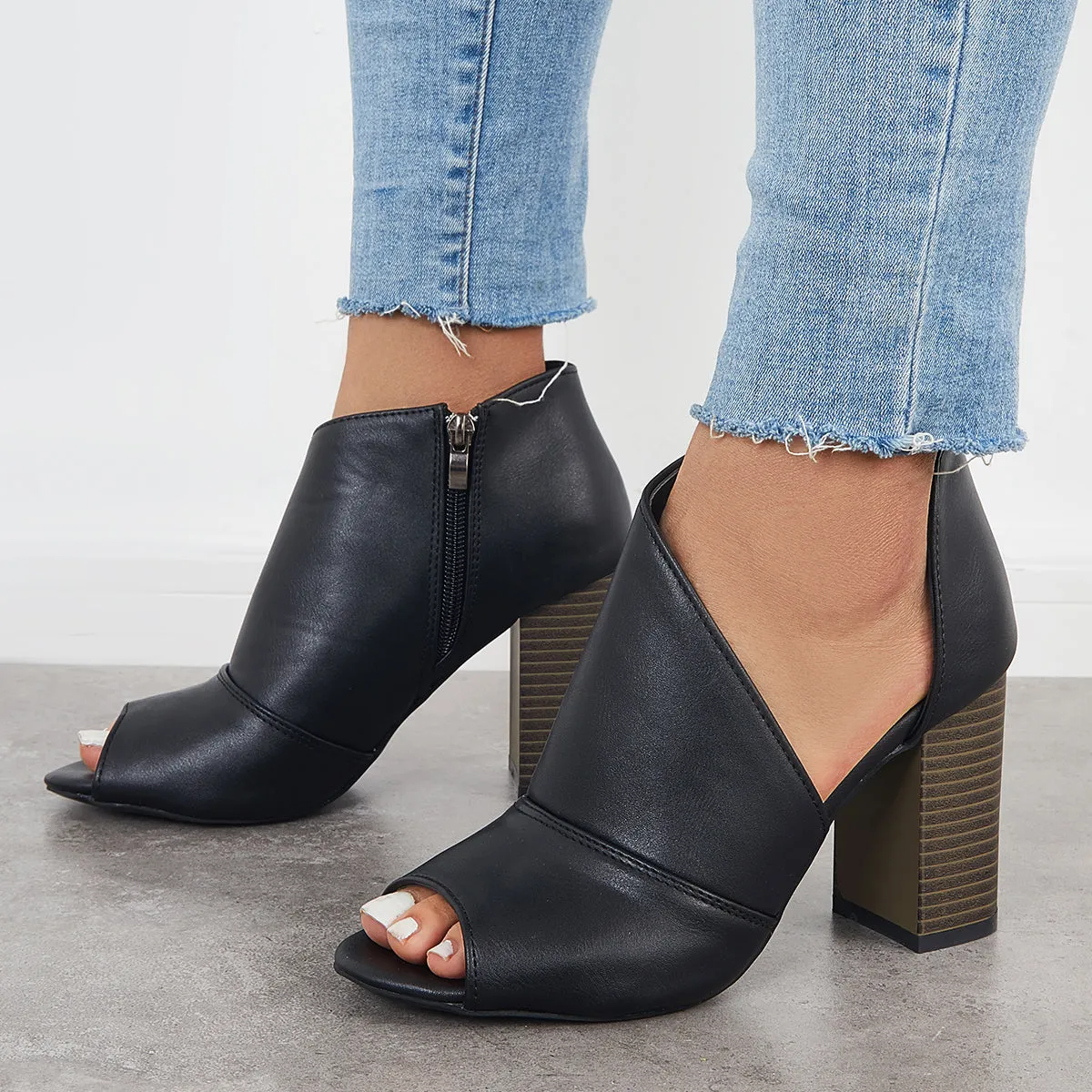 Sohiwoo Black Cut Out Peep Toe Pumps Chunky Block Heel Ankle Boots