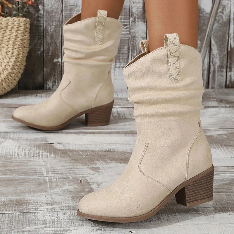 Sohiwoo Faux Suede Pleated Cowboy Ankle Boots for Women Autumn Pointed Toe Chunky Heels Short Boots Woman Pu Leather Western Botas