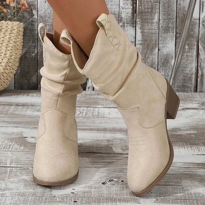 Sohiwoo Faux Suede Pleated Cowboy Ankle Boots for Women Autumn Pointed Toe Chunky Heels Short Boots Woman Pu Leather Western Botas