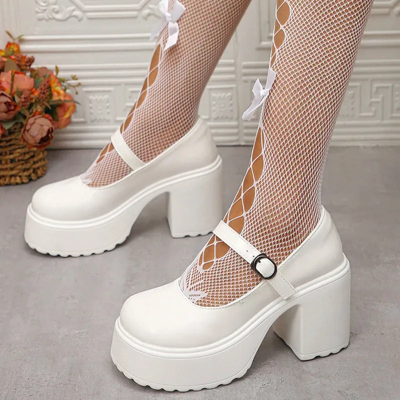 Sohiwoo White Platform High Heels Pumps Women Patent Leather Chunky Heeled Mary Jane Shoes Woman Round Toe Buckle Strap Student Shoes