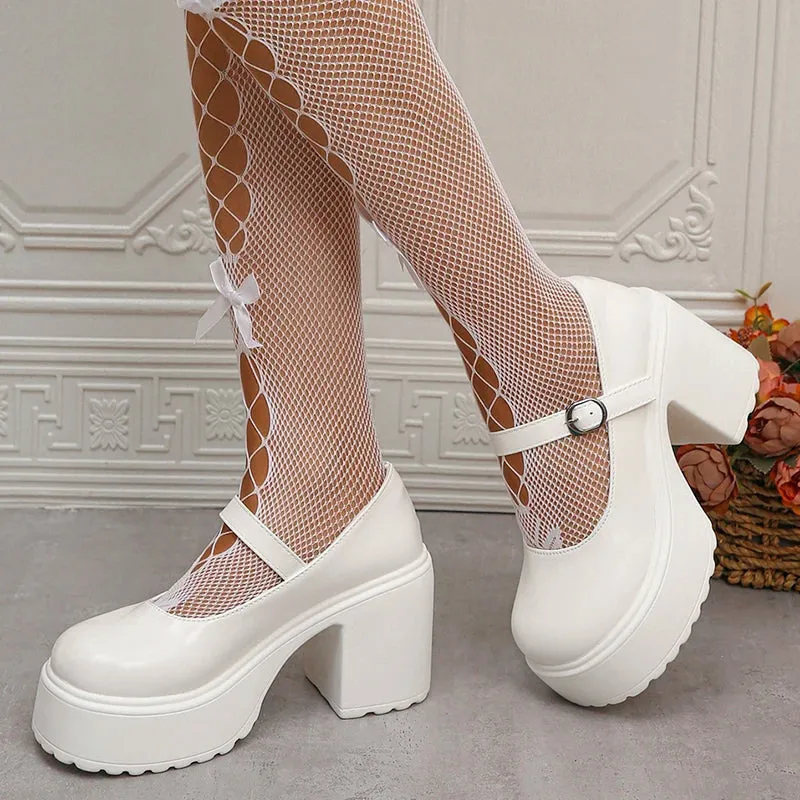 Sohiwoo White Platform High Heels Pumps Women Patent Leather Chunky Heeled Mary Jane Shoes Woman Round Toe Buckle Strap Student Shoes