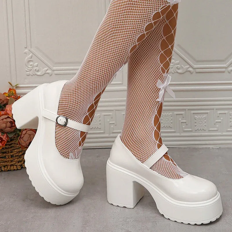 Sohiwoo White Platform High Heels Pumps Women Patent Leather Chunky Heeled Mary Jane Shoes Woman Round Toe Buckle Strap Student Shoes