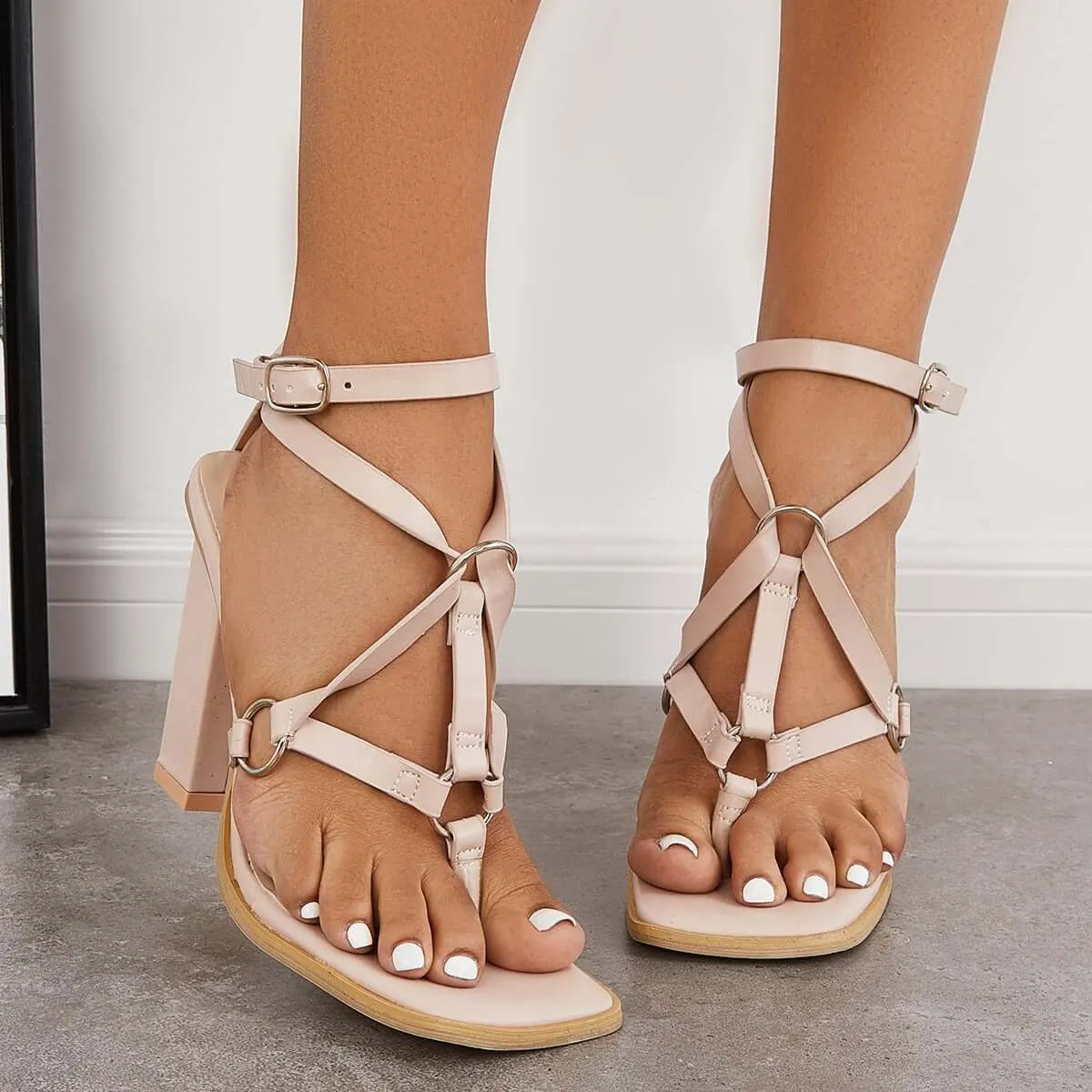 Sohiwoo  Women Heels Sandals Summer Square Open Toe Chunky Heels for Women