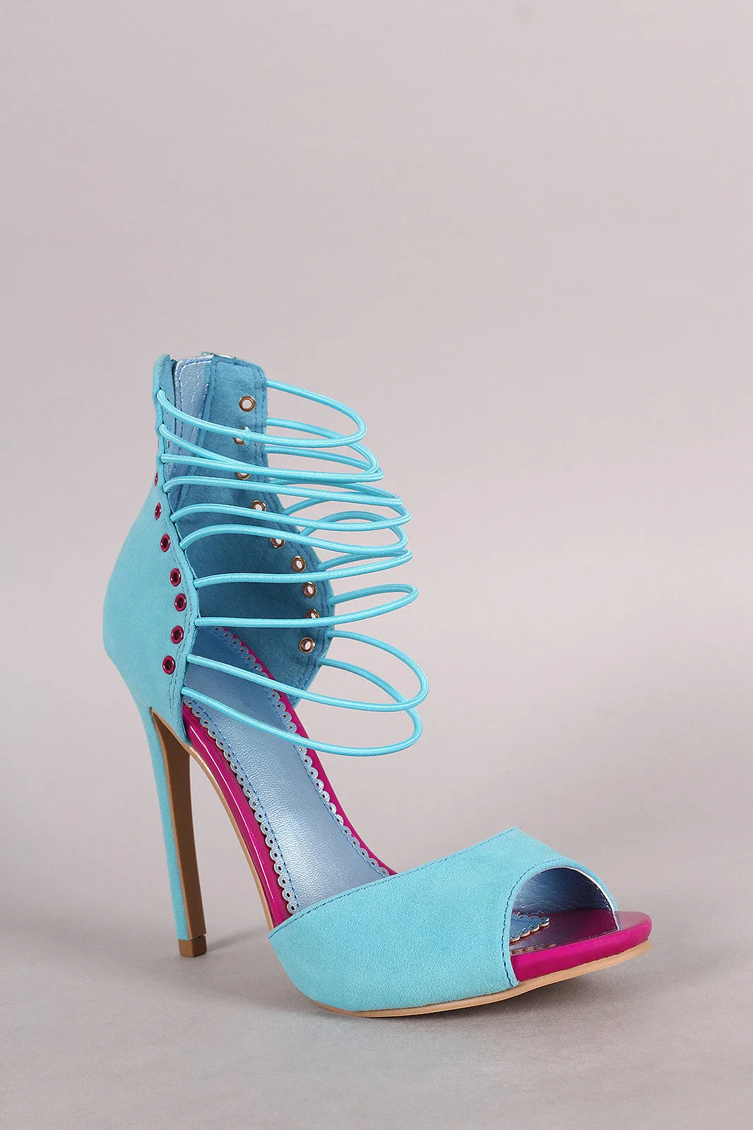 Suede Grommet Strappy Ankle Cuff Stiletto Heel