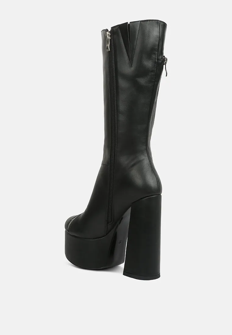 Tzar Faux Leather High Heeled Platfrom Calf Boots