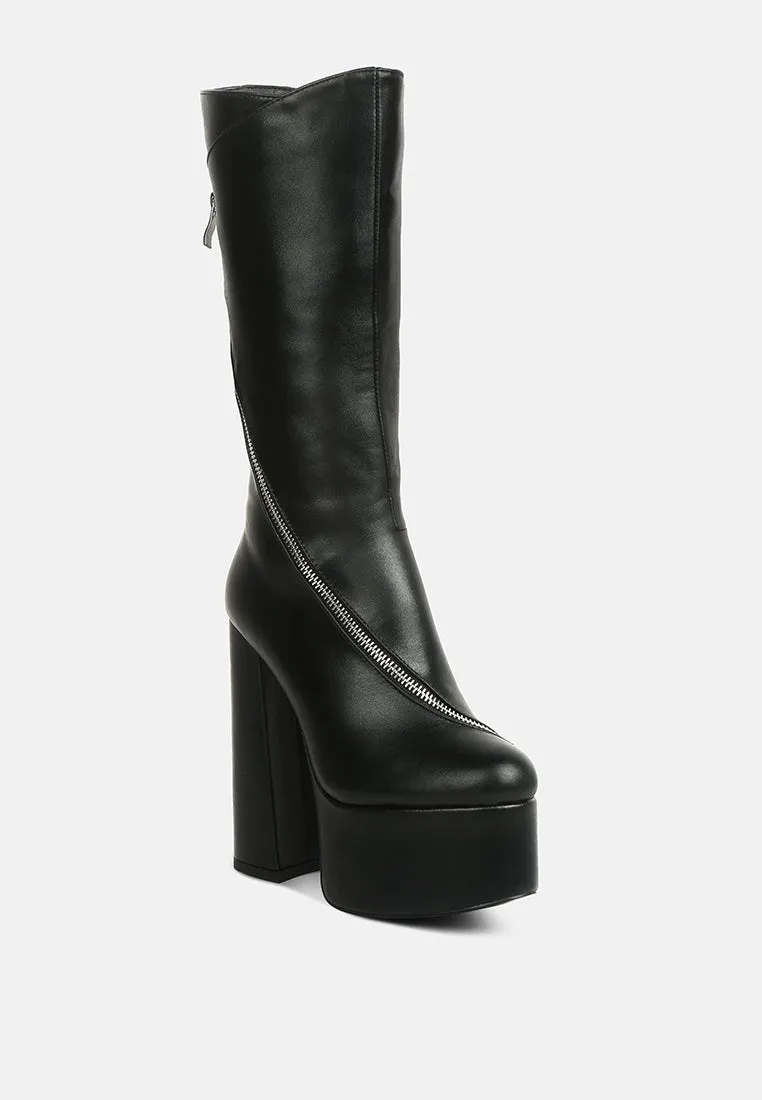 Tzar Faux Leather High Heeled Platfrom Calf Boots