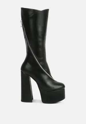 Tzar Faux Leather High Heeled Platfrom Calf Boots