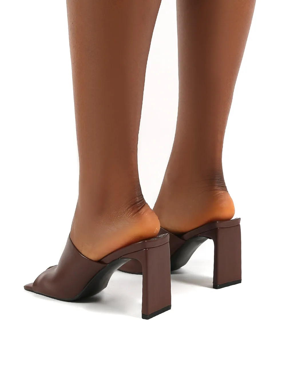 Vice PU Chocolate Square Toe Block Heel Mules