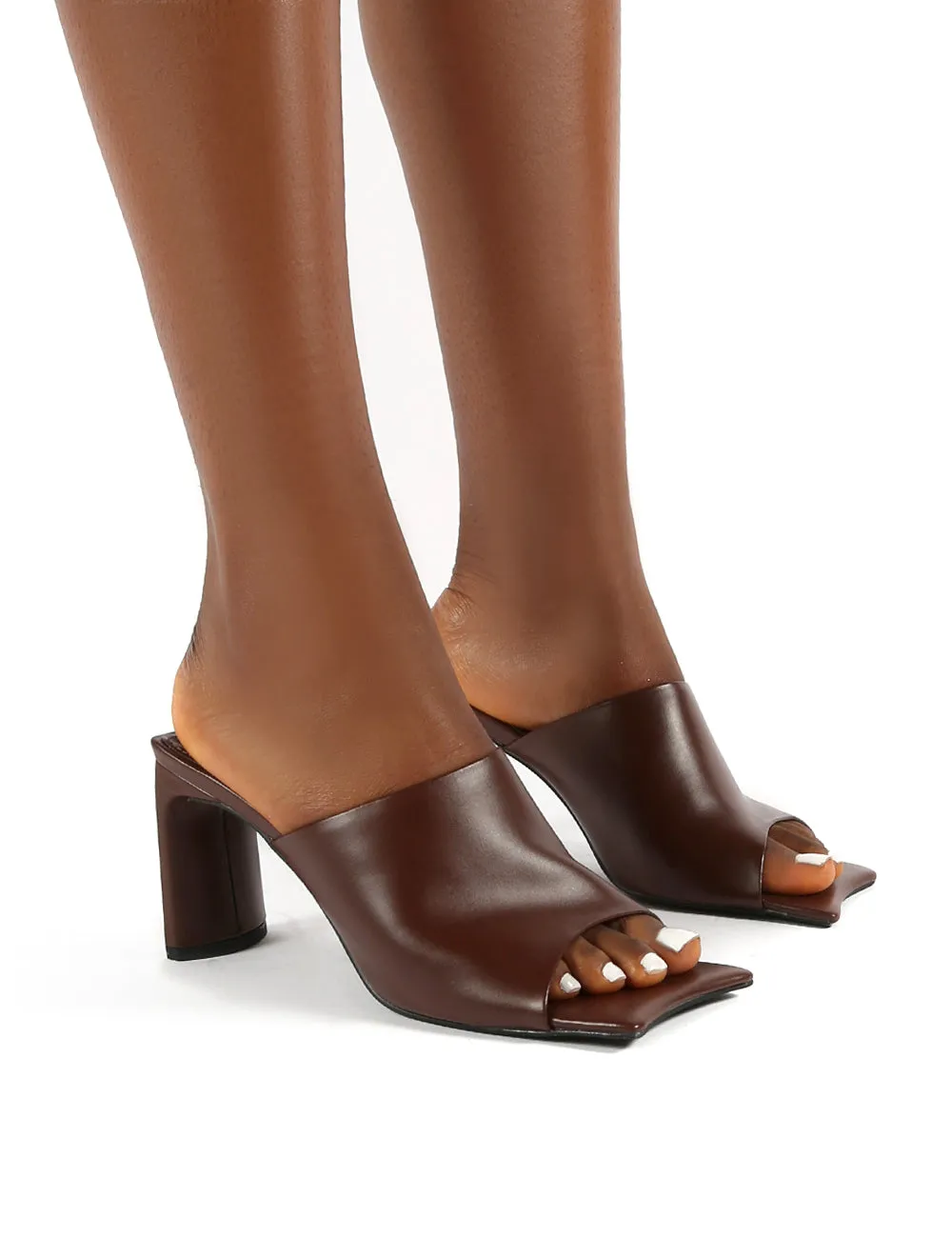 Vice PU Chocolate Square Toe Block Heel Mules