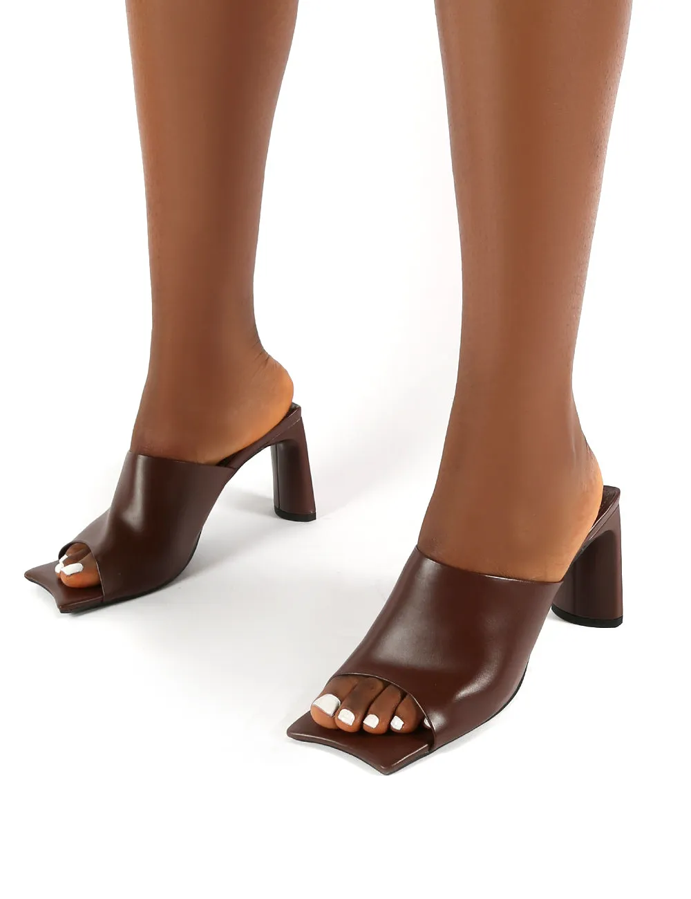 Vice PU Chocolate Square Toe Block Heel Mules