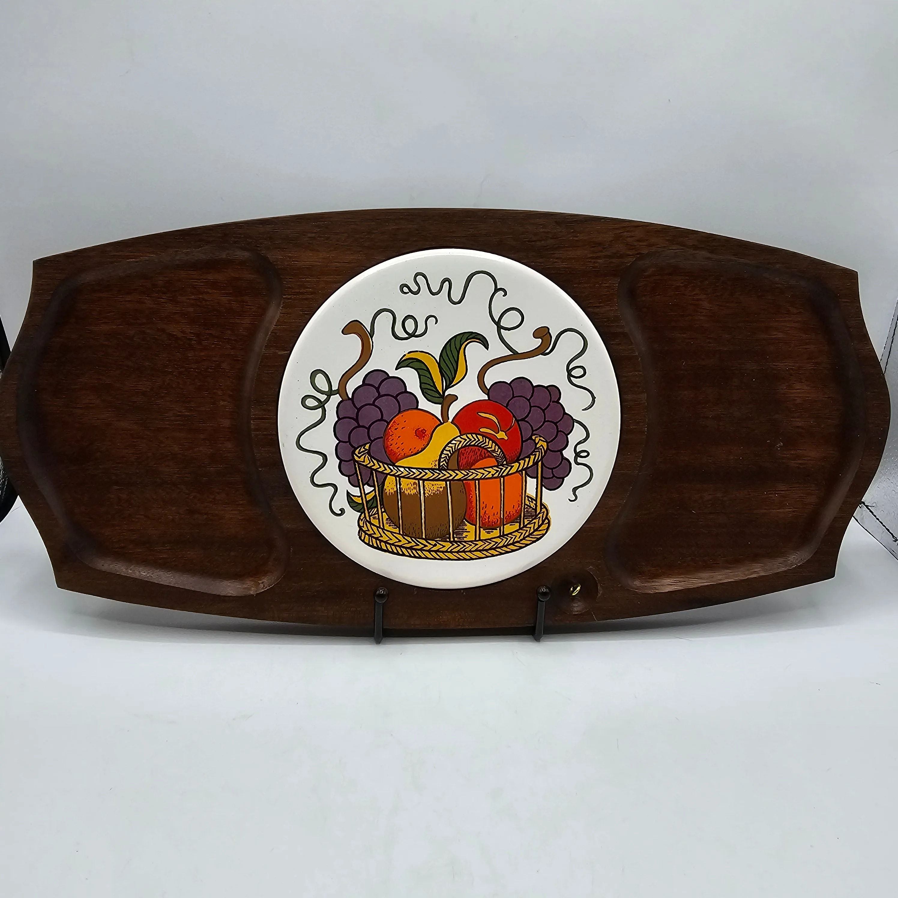 Vintage Wooden and Tile Cheese or Charcuterie Board with  Fruit Basket Design ~ Gail Craft Japan