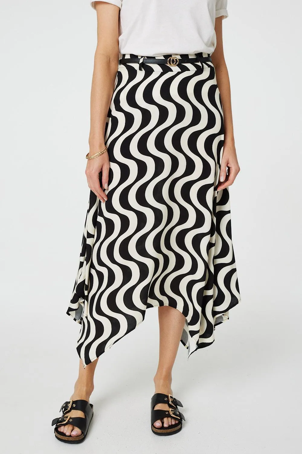 Wave Print Hanky Hem Belt Midi Skirt