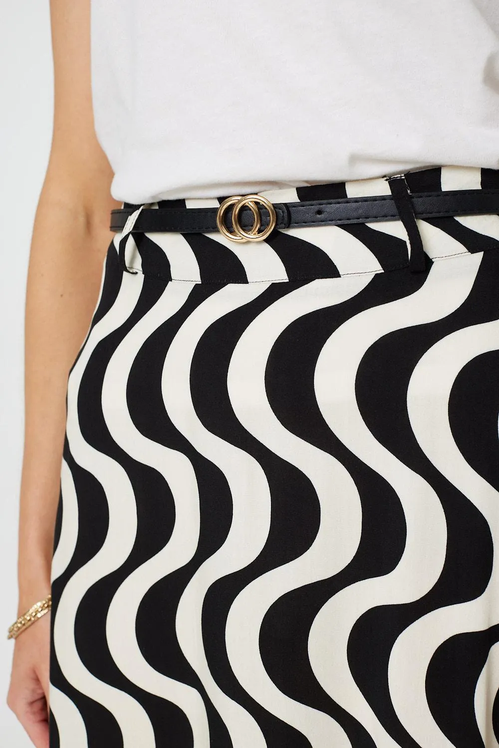 Wave Print Hanky Hem Belt Midi Skirt