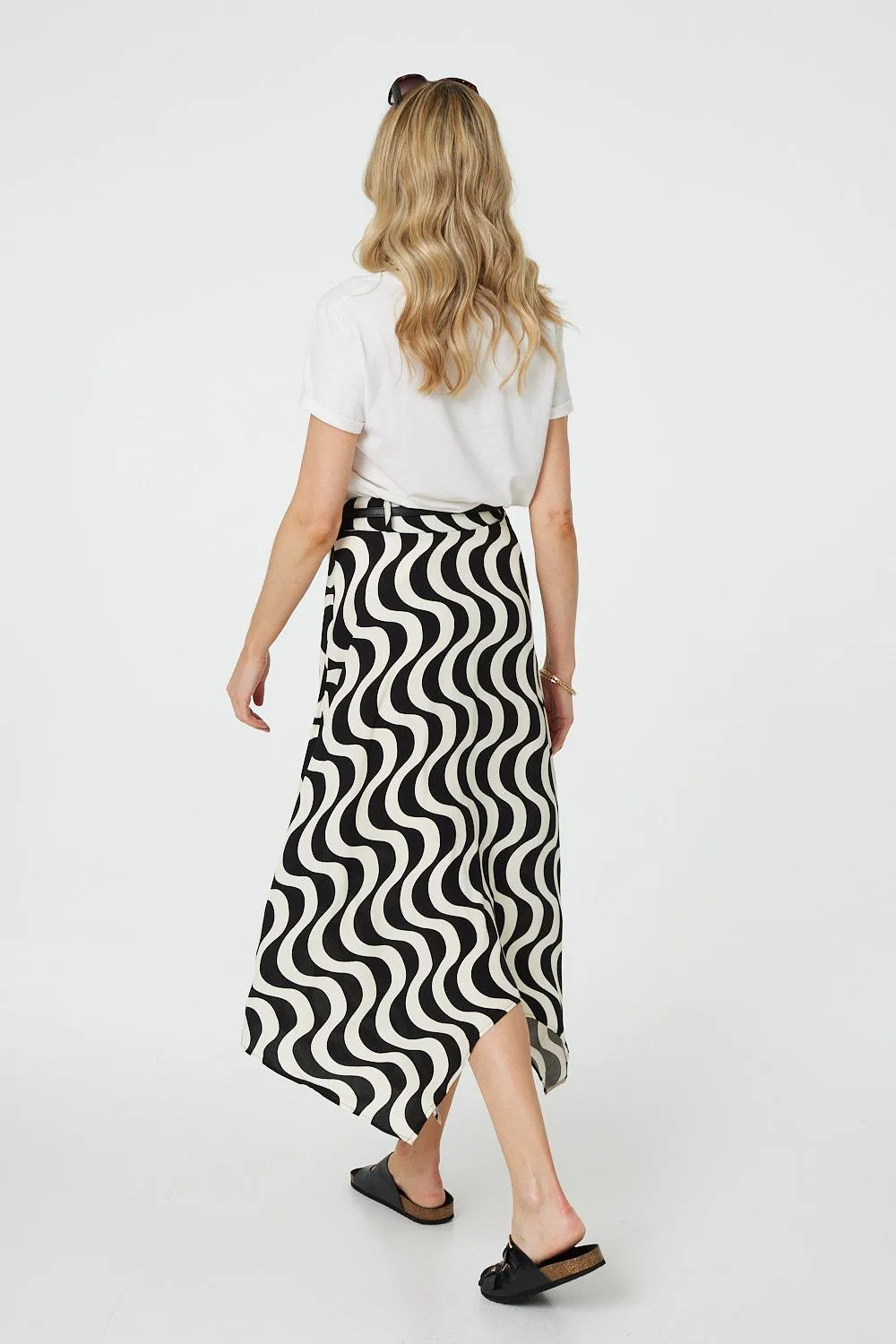 Wave Print Hanky Hem Belt Midi Skirt