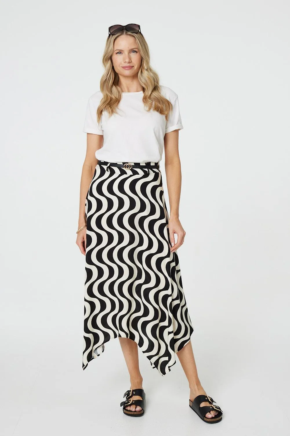 Wave Print Hanky Hem Belt Midi Skirt