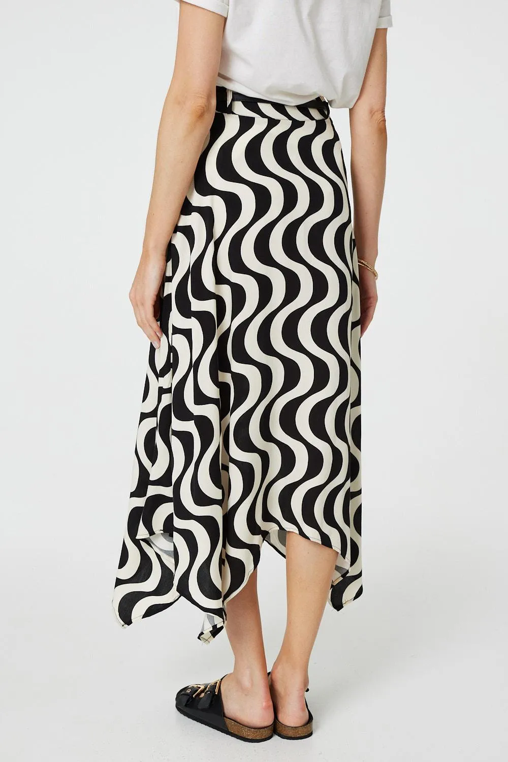 Wave Print Hanky Hem Belt Midi Skirt