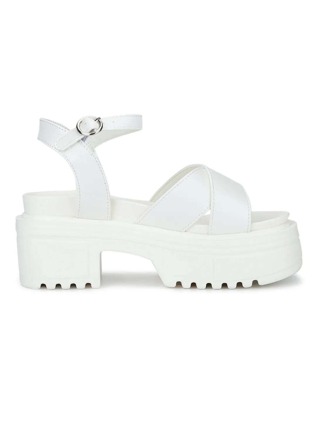 White Box Crossover Cleated Bottom Platform Block Heels