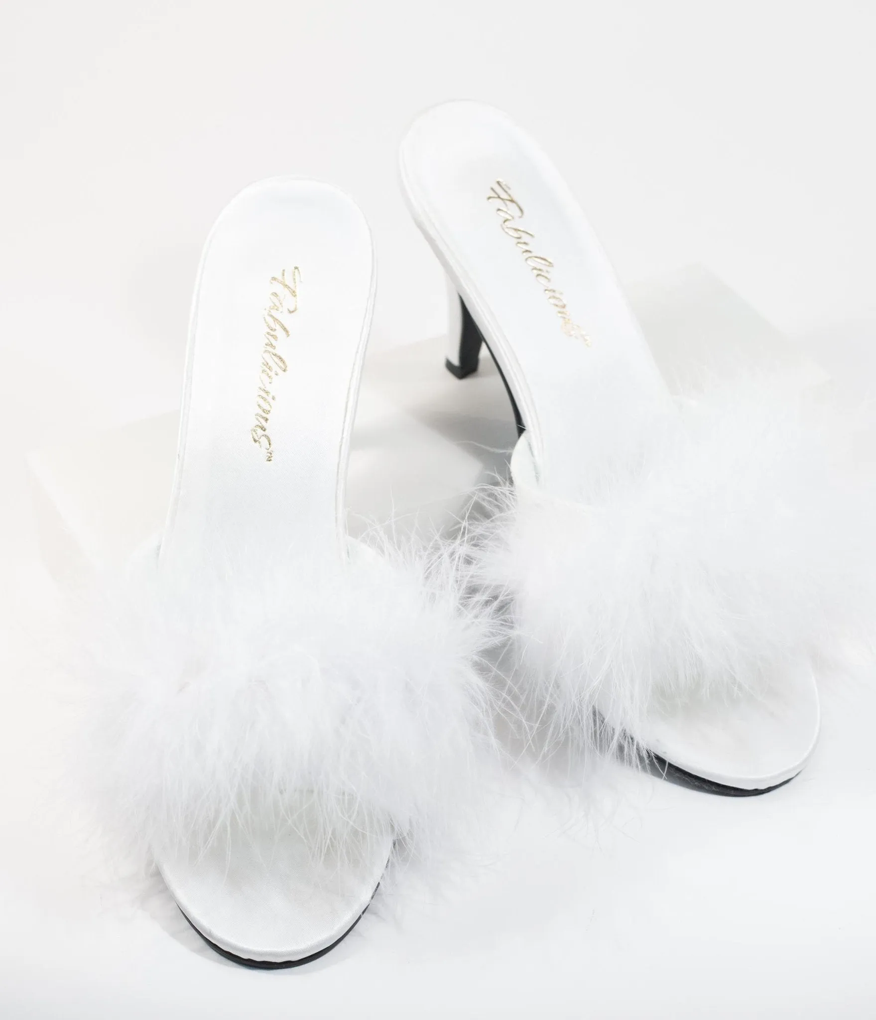 White Marabou Feather Peep Toe Slipper Heel