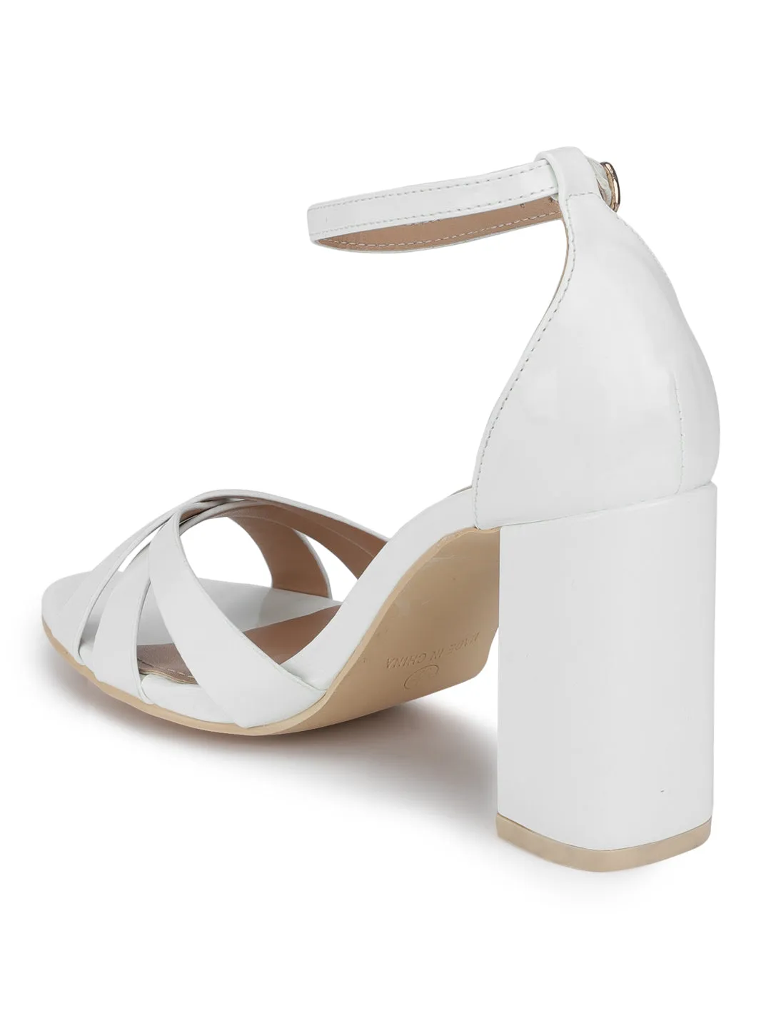 White Patent Crossover Ankle Strap Block Heels