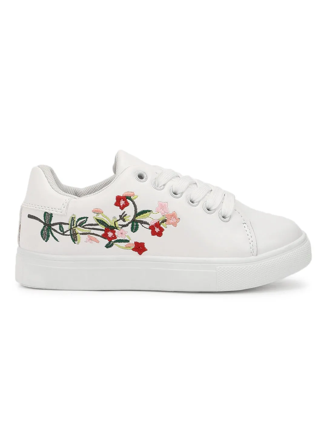 White PU Embroidered Lace-up Mini Sneakers