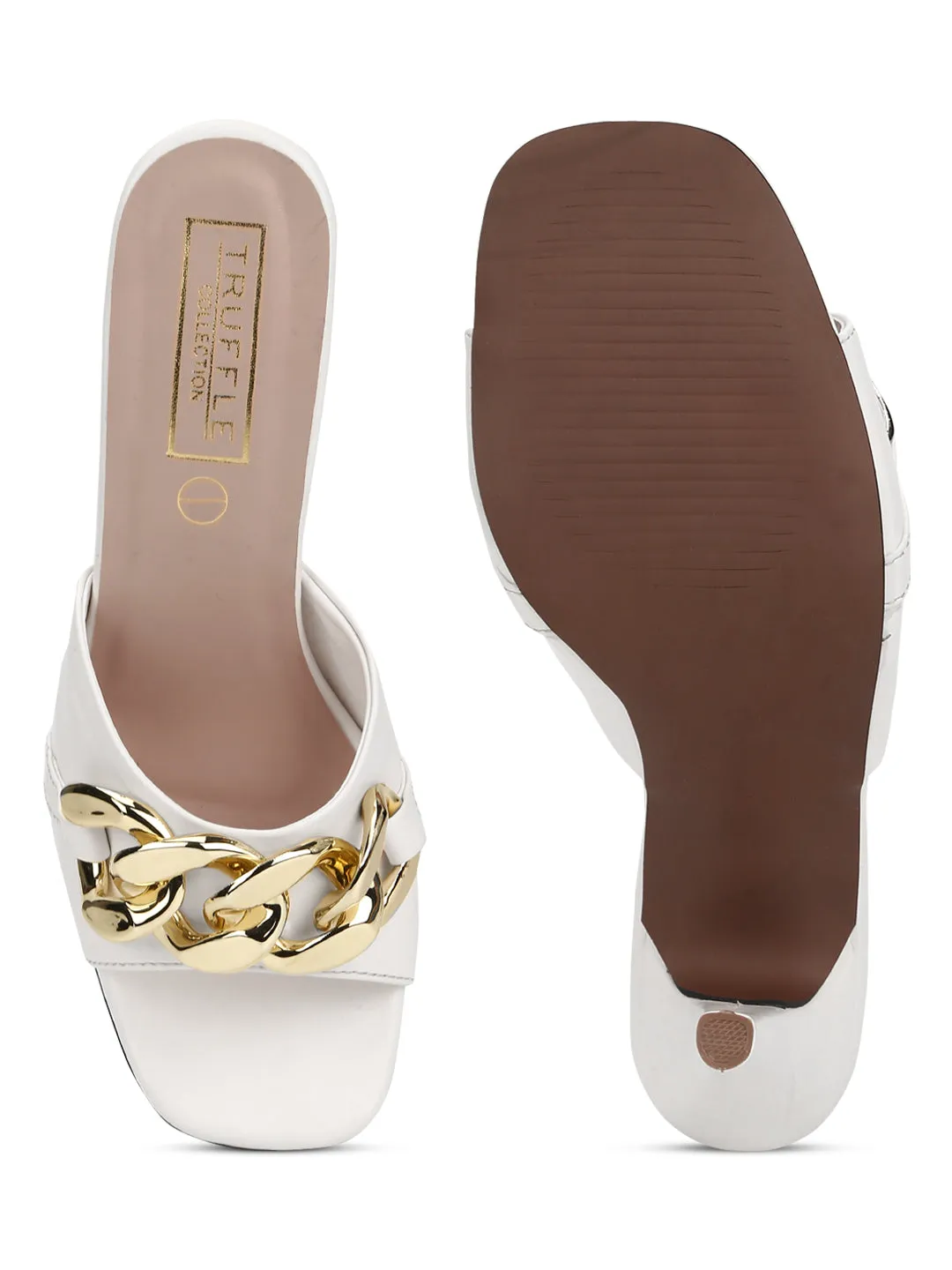 White PU Gold Chained Stiletto Mules