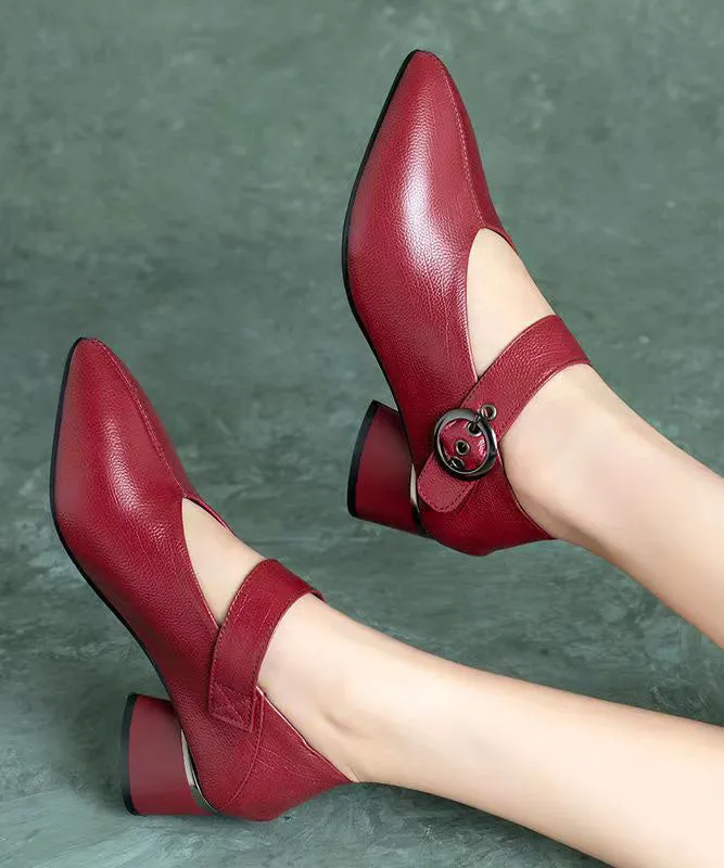 Wine Red Buckle Strap Splicing Chunky Heel Faux Leather Pointed Toe