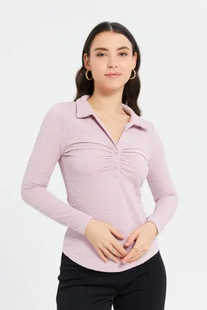 Women Mauve Front Ruched Jacquard Jersey Top