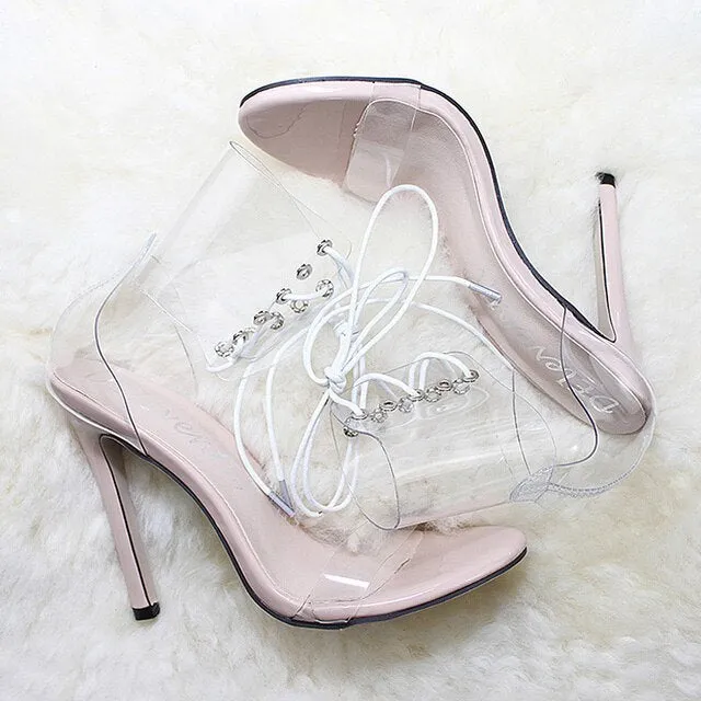 Women Pumps 2019 New PVC Jelly High Heels Lace-Up Open Toed Thin Heels Sexy Women Transparent Heels Sandals Party Shoes 11CM