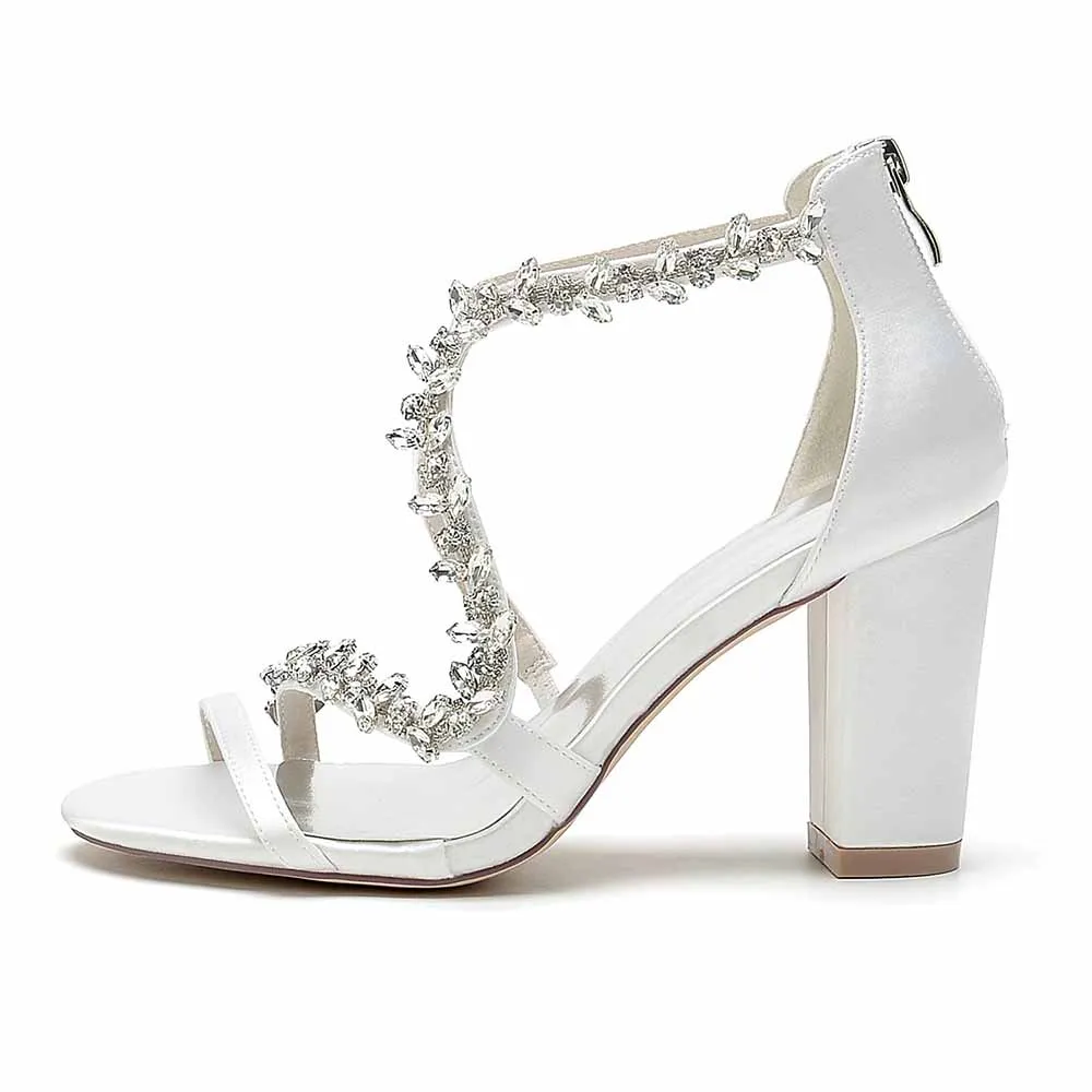 Women Rhinestones Heels Chunky Block Sandals X-Strap Prom Heels