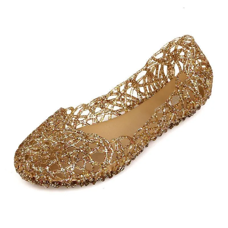 Women sparkly summer beach hollow flat slip on jelly sandals