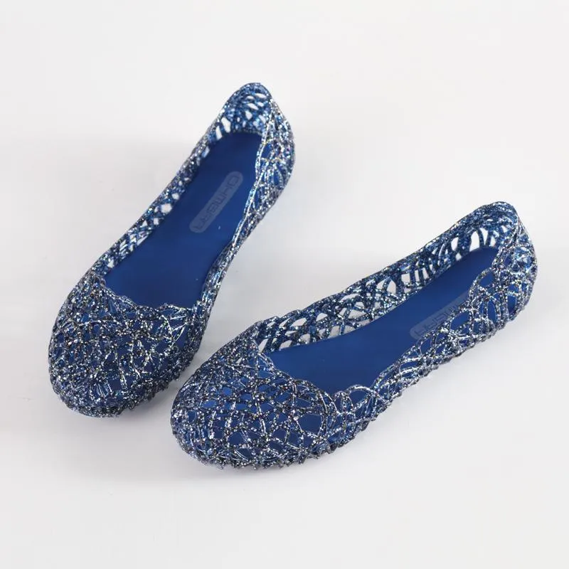 Women sparkly summer beach hollow flat slip on jelly sandals